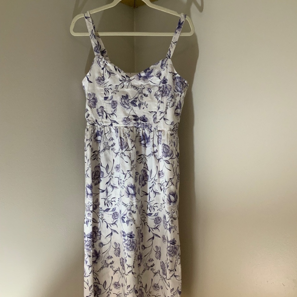 Cynthia Rowley Blue White 8 Linen Dress Pockets Adjustable Straps